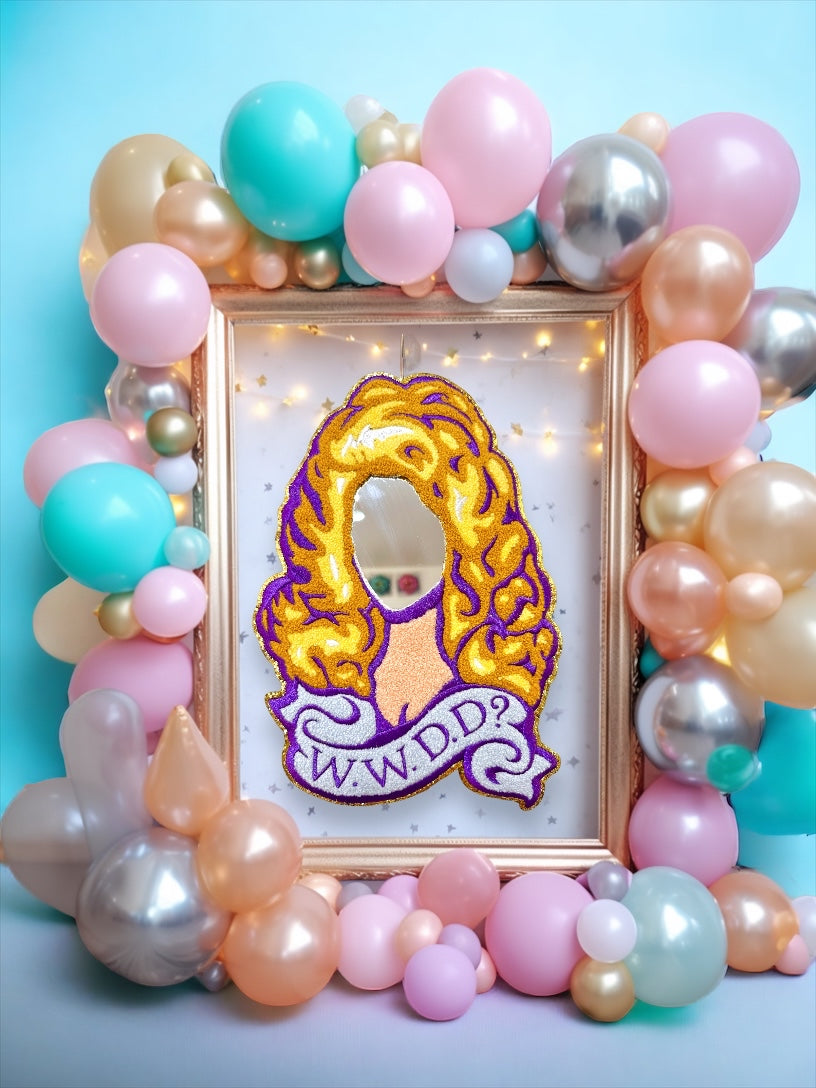 "What Would Dolly Do" Embroidered Glitter Glass Mirror by Chrissy Crater