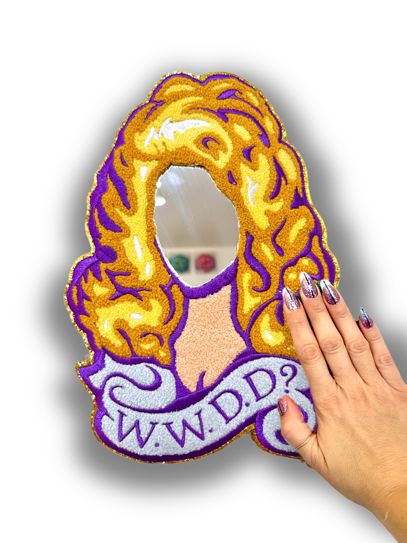 "What Would Dolly Do" Embroidered Glitter Glass Mirror by Chrissy Crater