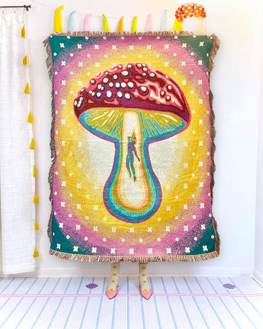 Alien Abduction Mushroom Woven Tapestry Blanket by Chrissy Crater Moon Soft Goods