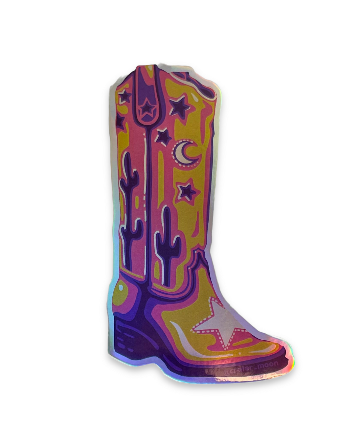 NEW 4" Holographic Cowboy Boot Sticker with Cacti, Stars, & Moon by Crater Moon